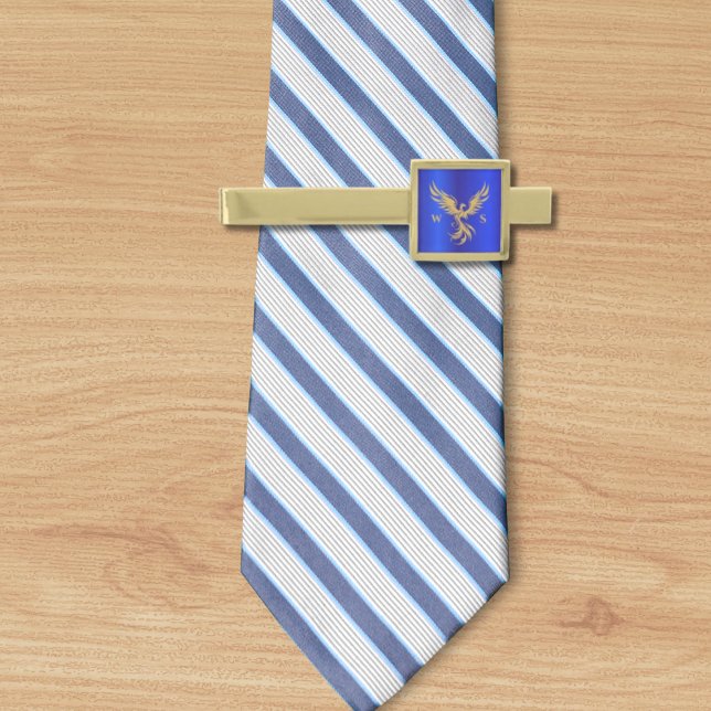 Gold Rising Phoenix Monogram Initials Cobalt Blue Finish Tie Bar (Creator Uploaded)