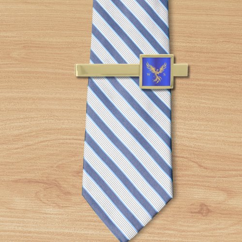 Gold Rising Phoenix Monogram Initials Cobalt Blue Gold Finish Tie Bar