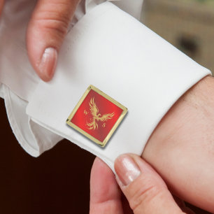 Gold Rising Phoenix Monogram Initials Scarlet Red Cufflinks