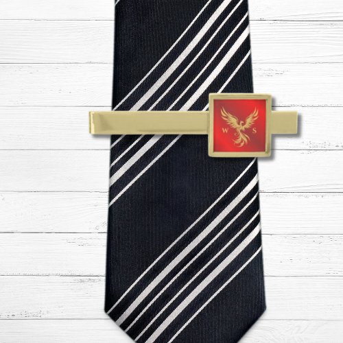 Gold Rising Phoenix Monogram Initials Scarlet Red Gold Finish Tie Bar