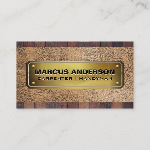 Gold Riveted Plate  Wood Leather Business Card