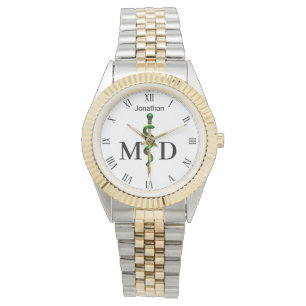 Gold Rod of Asclepius Green Medical Doctor MD Watch