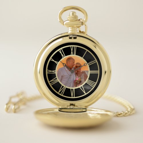 Gold Roman Numeral Photo Template Keepsake Pocket Watch