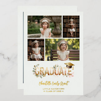 Gold Romantic Botanical Pre-K Graduation 5-Photo Foil Invitation