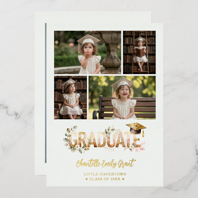 Gold Romantic Botanical Pre-K Graduation 5-Photo Foil Invitation (Front/Back)
