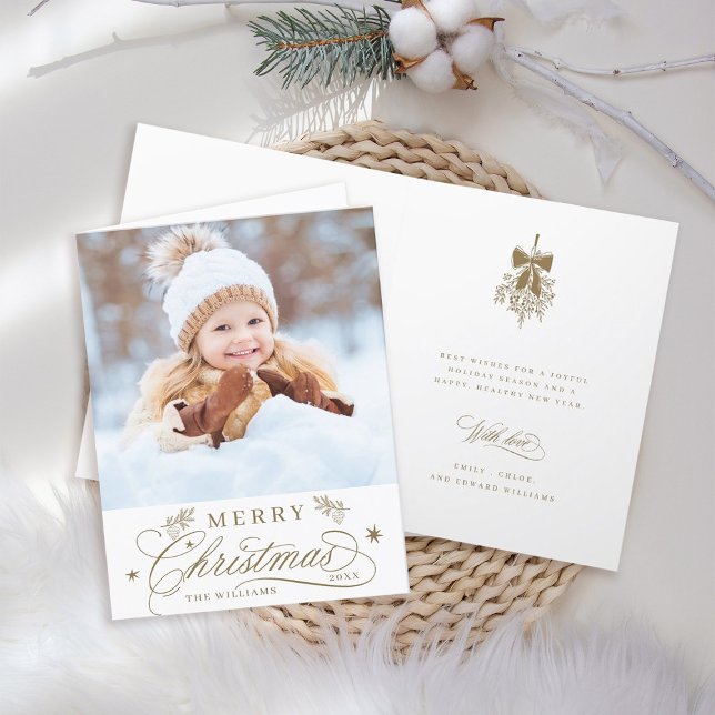 Gold Romantic Calligraphy Christmas Photo Folded Holiday Card (Front & Back)