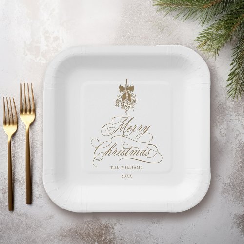 Gold Romantic Calligraphy Merry Christmas Holiday Paper Plates