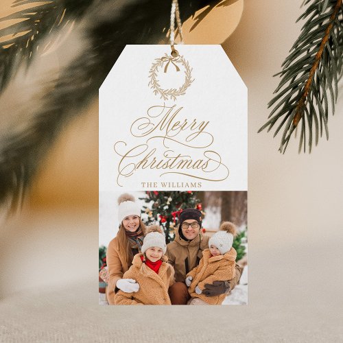 Gold Romantic Calligraphy Merry Christmas Photo Gift Tags