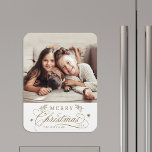 Gold Romantic Calligraphy Merry Christmas Photo Magnet<br><div class="desc">Romantic and elegant holiday photo kitchen magnet.  For more advanced customization of this design,  please click the Customize Further link to change the font,  size,  color,   etc.</div>