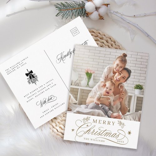 Gold Romantic Calligraphy Merry Christmas Photo Postcard