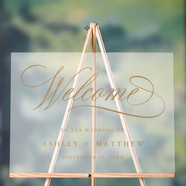 Gold Romantic Calligraphy Wedding Welcome Frosted Acrylic Sign (Neutral)