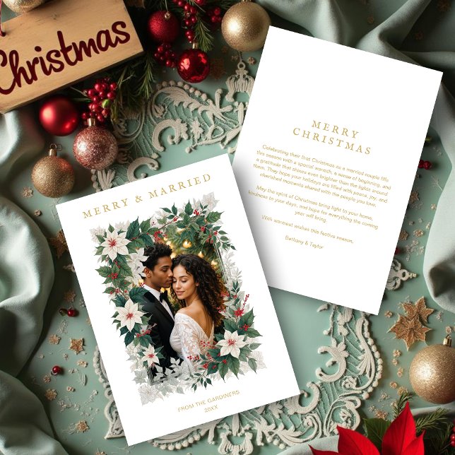 Gold Romantic Christmas Botanical Frame Photo Holiday Card (Gold Romantic Christmas Botanical Frame Holiday Cards with Photo for First Christmas.)