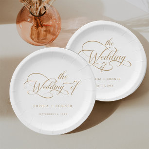Gold Romantic Classy Calligraphy Wedding Paper Plates
