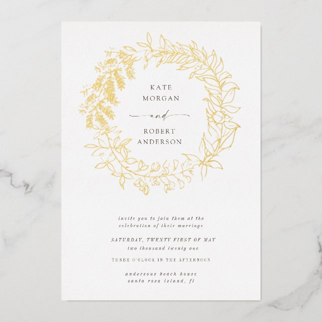 gold romantic floral wreath wedding foil invitation (Front)