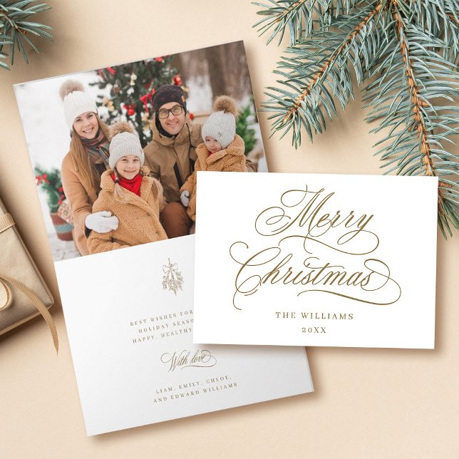 Gold Romantic Merry Christmas Script Photo Folded Holiday Card (Front & Inside)