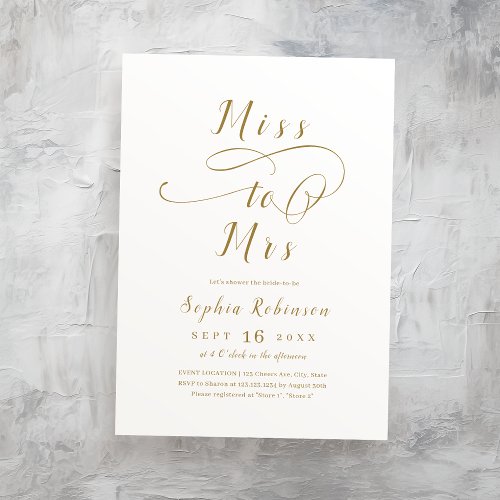 Gold romantic Miss to Mrs script bridal shower Invitation