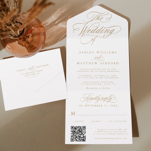 Gold Romantic Swirly Calligraphy Wedding All In One Invitation