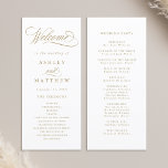Gold Romantic Swirly Calligraphy Wedding Ceremony Program<br><div class="desc">This gold and white wedding ceremony program featuring elegant and romantic swirly calligraphy lettering with your names,  wedding date,  order of service,  and wedding party details. For more advanced customization of this design,  please click the BLUE DESIGN TOOL BUTTON above!</div>