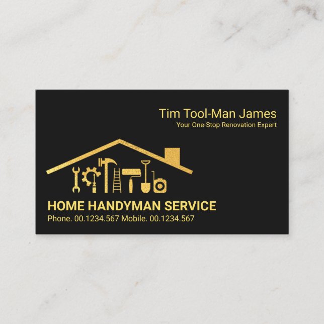 Gold Rooftop Building Handyman Tools Home Repairs Business Card (Front)