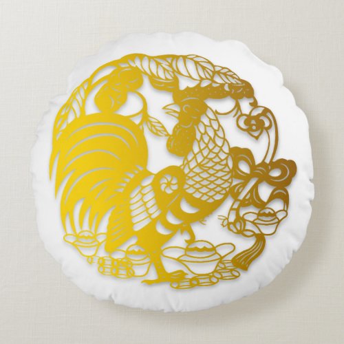 Gold Rooster Papercut Chinese Year Zodiac BirthD P Round Pillow