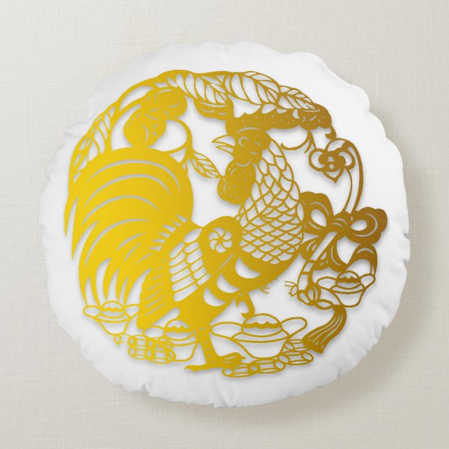 Gold Rooster Papercut Chinese Year Zodiac BirthD P Round Pillow (Front)