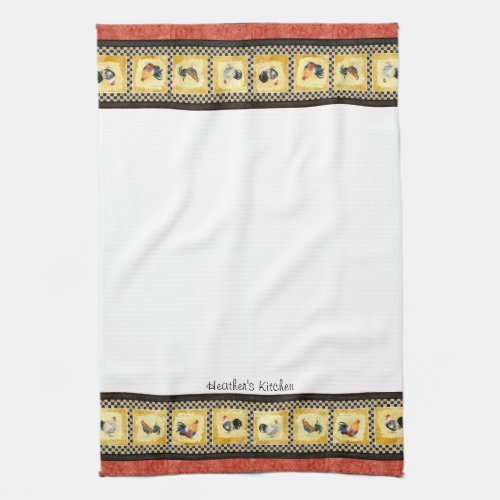 Gold Roosters Red  Tan Check Swirl Kitchen Kitchen Towel