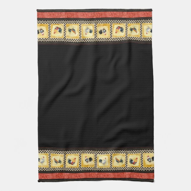 Gold Roosters Red & Tan Check Swirl Kitchen Towel (Vertical)