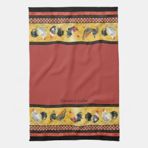 Gold Roosters Red & Tan Check Swirl Kitchen Towel
