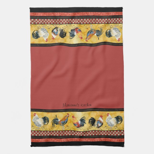 Gold Roosters Red & Tan Check Swirl Kitchen Towel (Vertical)