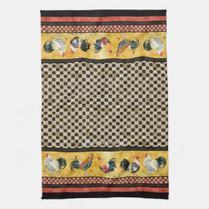 Gold Roosters Red & Tan Check Swirl Kitchen Towel