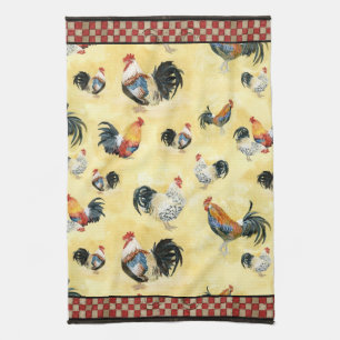Gold Roosters Red & Tan Check Swirl Kitchen Towel