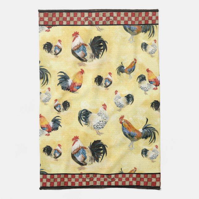 Gold Roosters Red & Tan Check Swirl Kitchen Towel (Vertical)