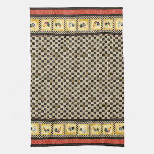 Gold Roosters Red & Tan Check Swirl Kitchen Towel