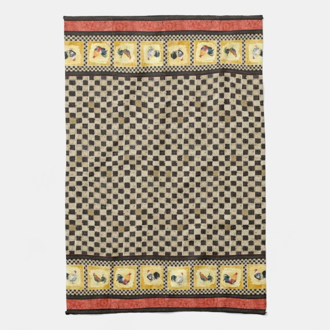 Gold Roosters Red & Tan Check Swirl Kitchen Towel (Vertical)