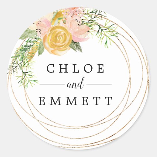 Gold Rose and Blush Pink Peony Floral Wedding Classic Round Sticker
