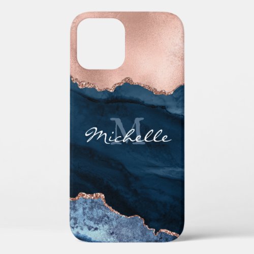 Gold Rose and Navy Blue _ Agate Watercolor _ Case_ iPhone 12 Pro Case