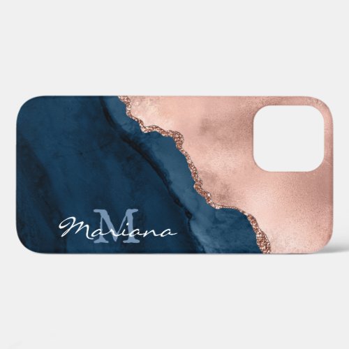 Gold Rose and Navy Blue _ Agate Watercolor _ iPhone 12 Pro Case