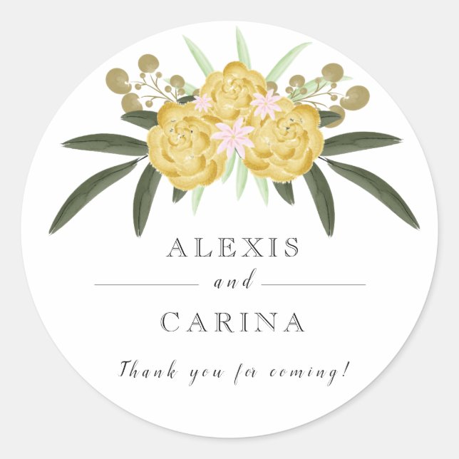 Gold Rose & Botanical Leaves Classic Round Sticker (Front)