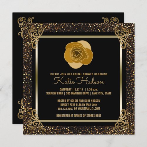 Gold Rose Bridal Shower  Elegant Gold Glitter Invitation