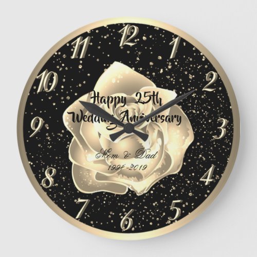 Gold Rose Confetti 25th Wedding Anniversary Large Clock