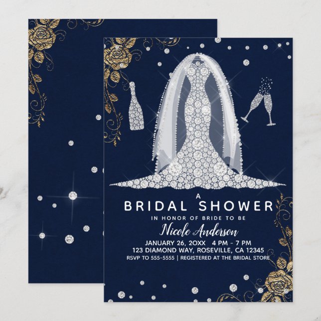 Gold Rose Diamond Wedding Dress Bridal Shower Blue Invitation (Front/Back)