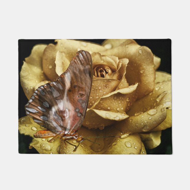 Gold Rose Dog Wings Butterfly Doormat (Front)
