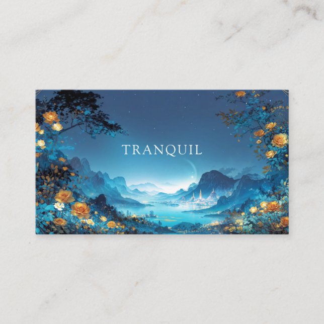 Gold Rose Floral and Night Cityscape Lake Business Card (Front)
