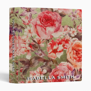 Gold Rose Floral Bloom Raspberry Pink Watercolor 3 Ring Binder