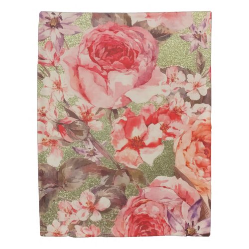 Gold Rose Floral Bloom Raspberry Pink Watercolor Duvet Cover