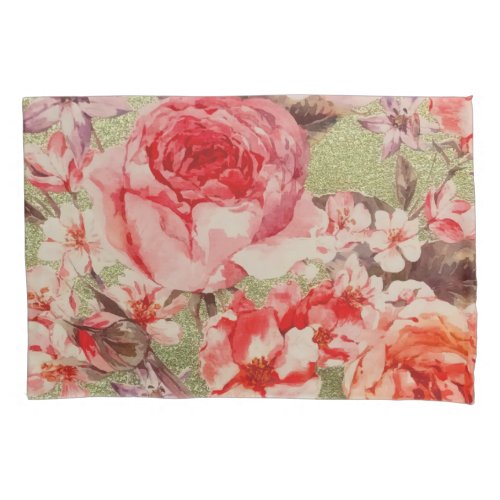 Gold Rose Floral Bloom Raspberry Pink Watercolor Pillow Case