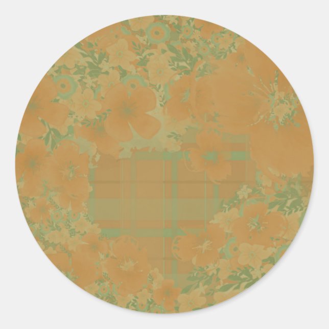 Gold & Rose Floral & Plaid Classic Round Sticker (Front)
