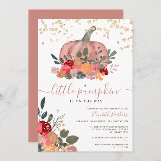 gold rose floral pumpkin watercolor baby shower  invitation (Front/Back)