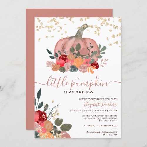 gold rose floral pumpkin watercolor baby shower  invitation