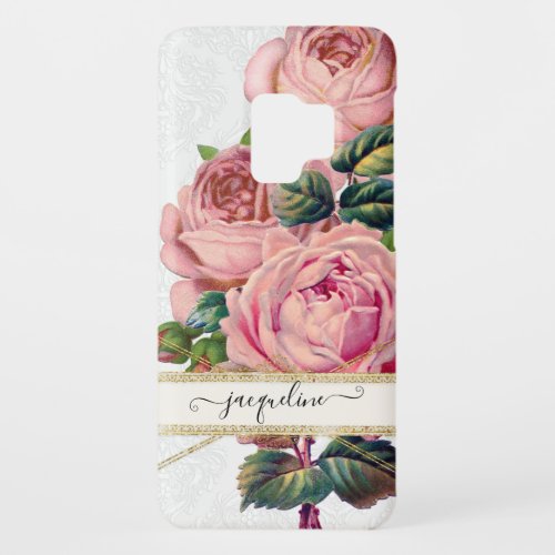 Gold Rose Floral Vintage Pink Elegant Script Name Case_Mate Samsung Galaxy S9 Case